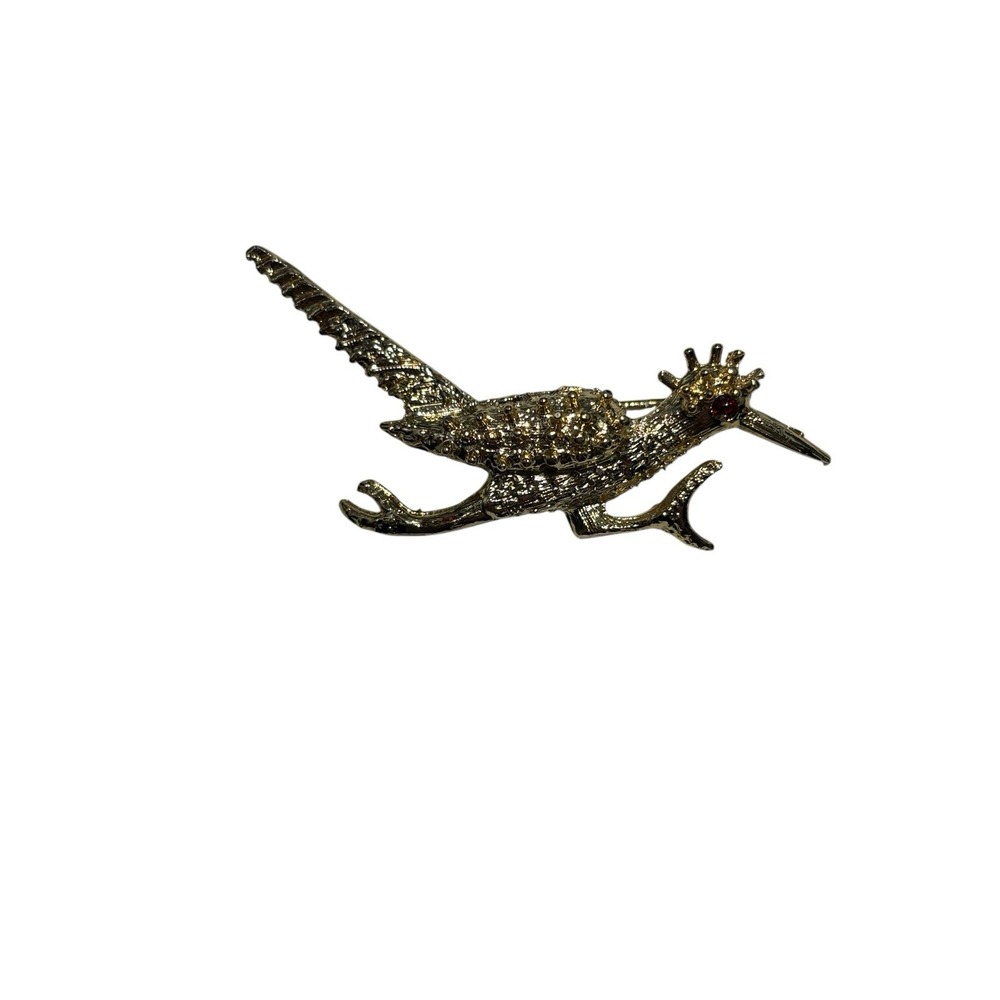 Vintage Gold Tone Red Rhinestone Eye Textured Roadrunner Bird Brooch Pin
